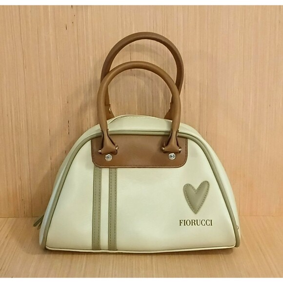 Fiorucci Handbags - Fiorucci Women's Small Leather Bowling Handbag Purse Cream Heart Patch Handles